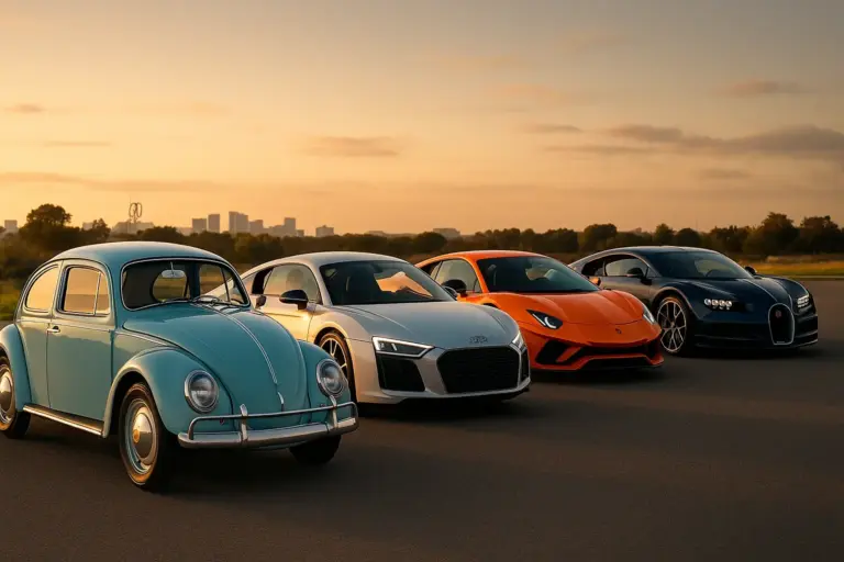 Evolução do Grupo Volkswagen: Fusca, Audi R8, Porsche 911, Lamborghini Aventador e Bugatti Chiron alinhados na pista ao pôr do sol