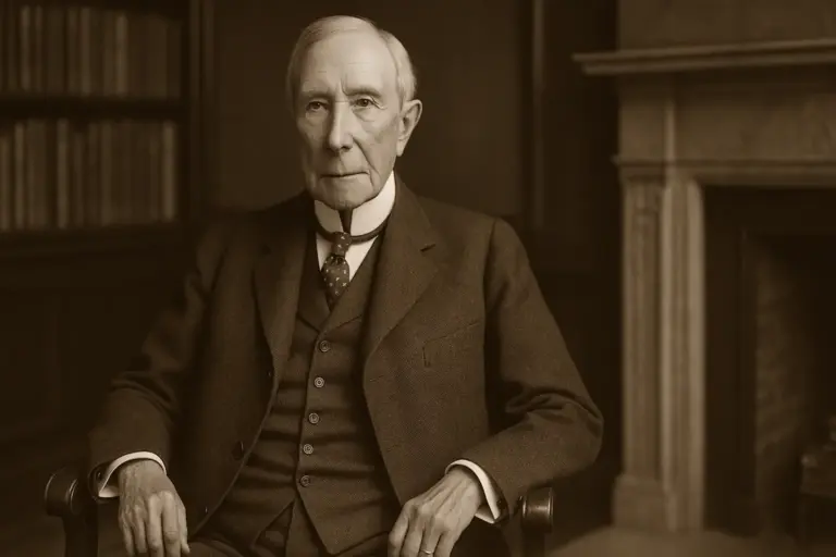 Retrato de John D. Rockefeller, em um ambiente clássico, com expressão séria, usando terno escuro e gravata, simbolizando sucesso financeiro e empreendedorismo