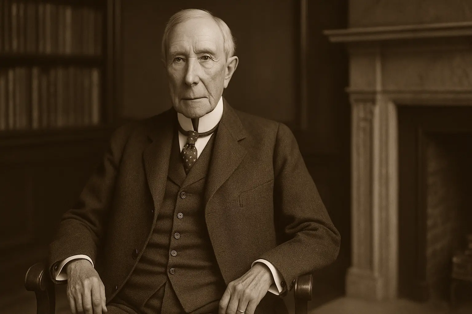 Retrato de John D. Rockefeller, em um ambiente clássico, com expressão séria, usando terno escuro e gravata, simbolizando sucesso financeiro e empreendedorismo