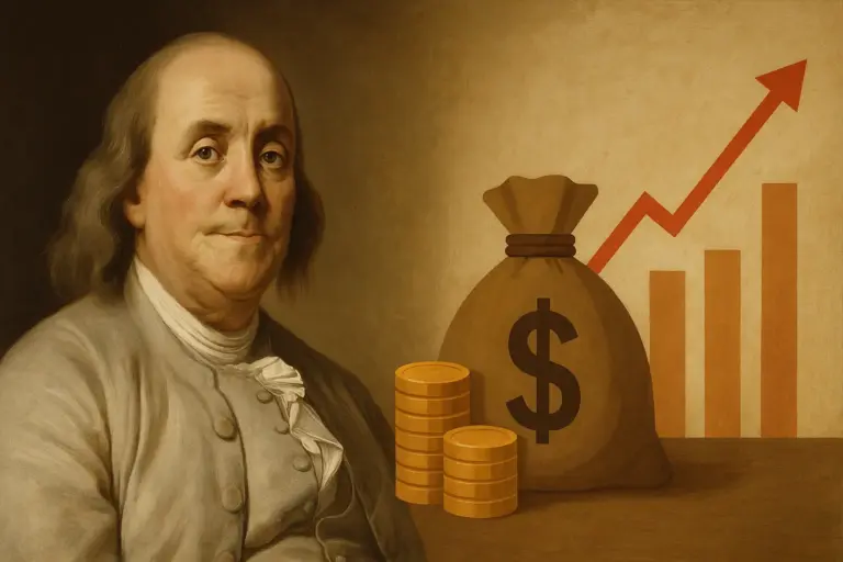 Retrato de Benjamin Franklin ao lado de símbolos financeiros como moedas, saco de dinheiro e gráfico de crescimento, representando segredos financeiros de Benjamin Franklin.