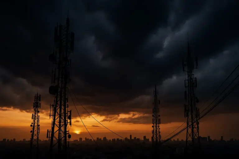 Torres de telecomunicação em céu tempestuoso simbolizando a crise da Oi e os desafios financeiros da operadora brasileira