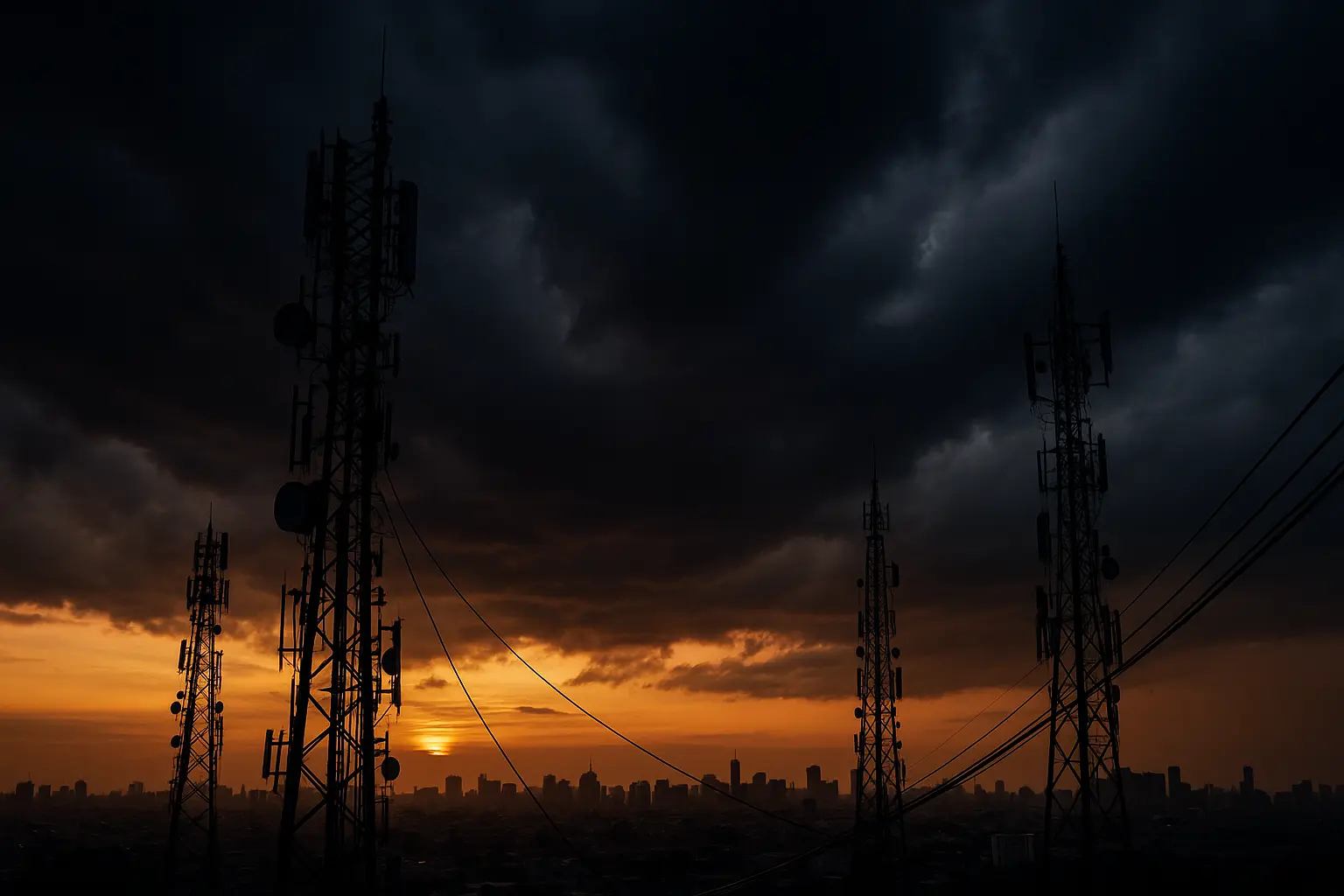 Torres de telecomunicação em céu tempestuoso simbolizando a crise da Oi e os desafios financeiros da operadora brasileira