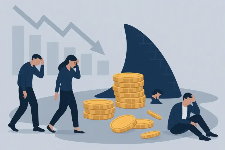 Ilustração de empreendedores frustrados ao lado de pilhas de moedas e gráfico em queda, representando empresas que faliram após o Shark Tank Brasil.