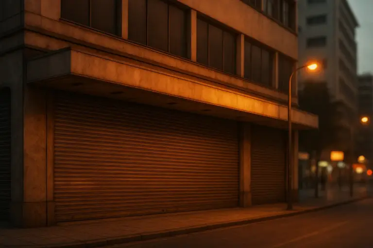 Fachada de uma antiga loja de departamentos fechada ao entardecer, com iluminação urbana suave.