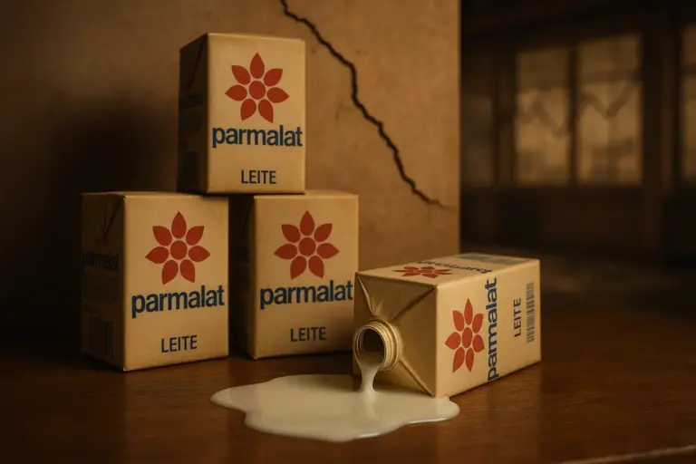 Falência da Parmalat representada por caixas de leite Parmalat vintage, uma caída com leite derramado, simbolizando o colapso corporativo