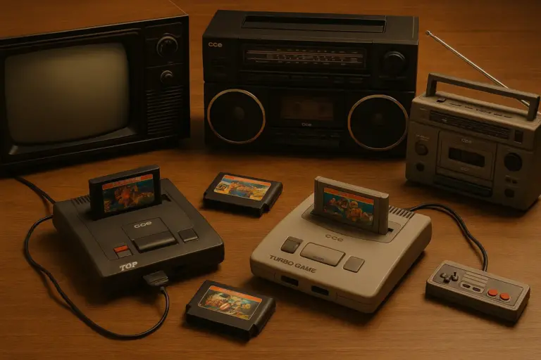 Montagem nostálgica de eletrônicos clássicos da década de 80/90 — TV de tubo, microsystem, radiogravador e consoles de videogame inspirados nos produtos da CCE sobre superfície de madeira.