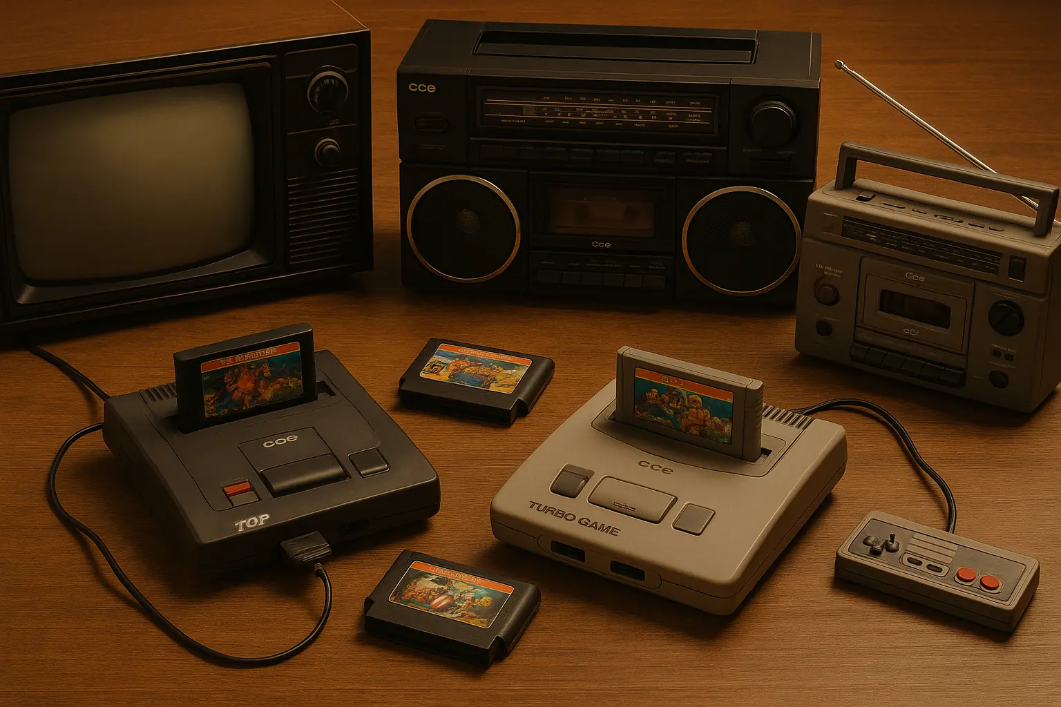 Montagem nostálgica de eletrônicos clássicos da década de 80/90 — TV de tubo, microsystem, radiogravador e consoles de videogame inspirados nos produtos da CCE sobre superfície de madeira.