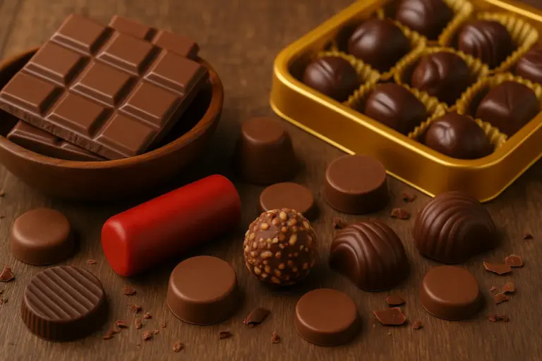 Bombons e chocolates clássicos da marca Garoto em embalagem dourada sobre mesa de madeira, representando a história da Garoto e seus produtos icônicos