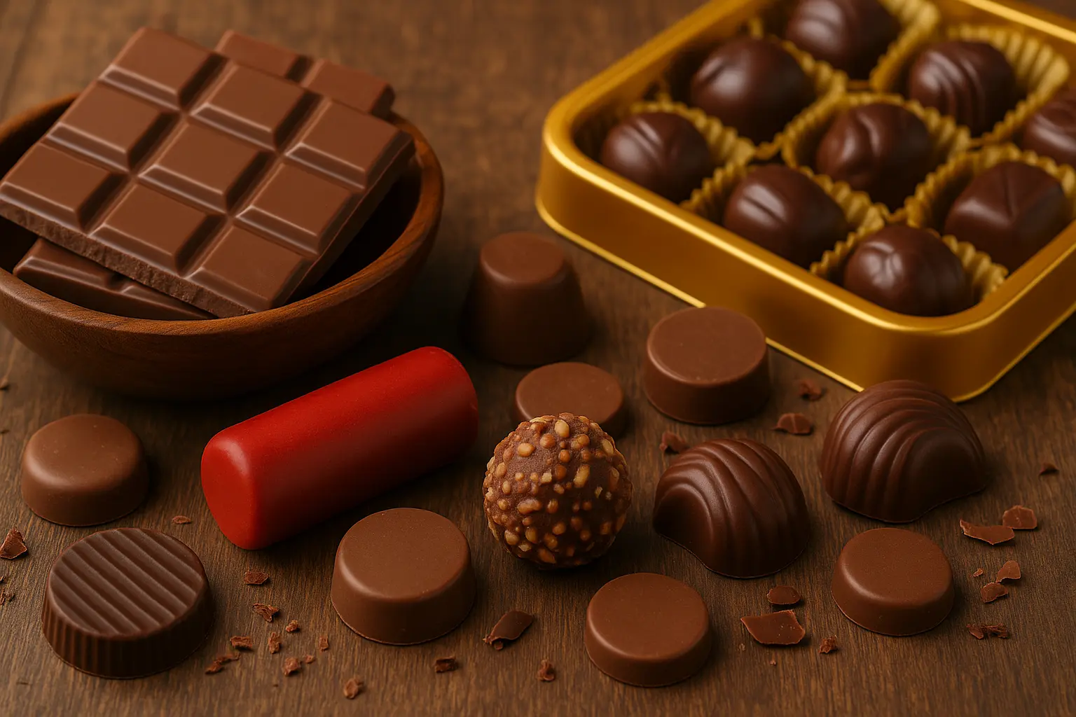 Bombons e chocolates clássicos da marca Garoto em embalagem dourada sobre mesa de madeira, representando a história da Garoto e seus produtos icônicos