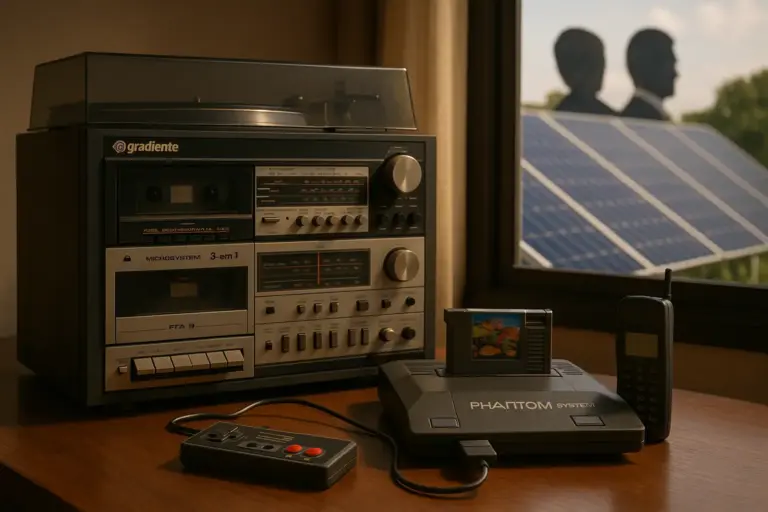 Foto em estilo retrô mostrando um microsystem 3-em-1 da Gradiente, o console Phantom System e um celular dos anos 90 sobre mesa de madeira, com painéis solares ao fundo simbolizando a evolução da marca.