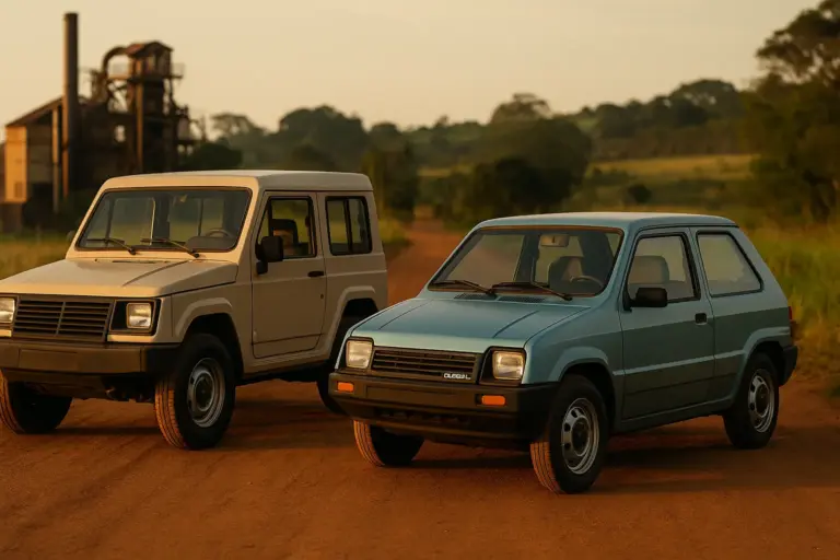 Carros Gurgel clássicos em estrada rural ao pôr do sol, simbolizando a história da Gurgel e a inovação da montadora brasileira